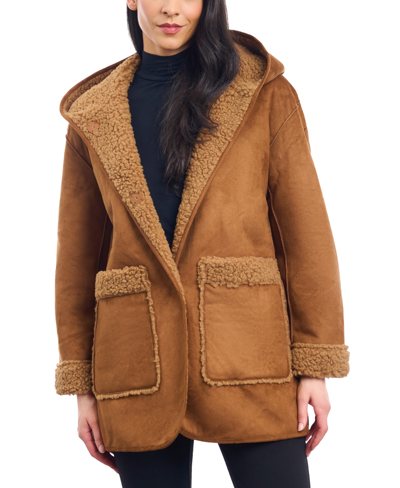 Shop Lucky Brand Women's Hooded Faux-shearling Coat In Cappuccino