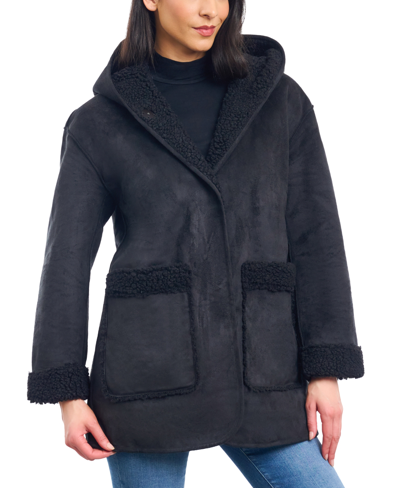 Shop Lucky Brand Women's Hooded Faux-shearling Coat In Black