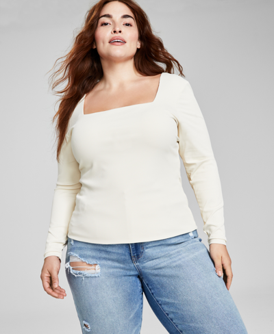 Shop And Now This Trendy Plus Size Square-neck Long-sleeve Top In Bone