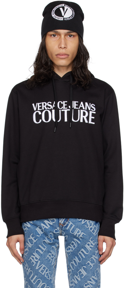 Shop Versace Jeans Couture Black Embroidered Hoodie In E899 Black