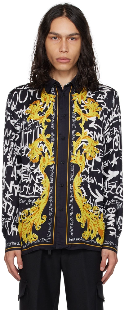 Shop Versace Jeans Couture Black Graffiti Shirt In Eg89 Black + Gold