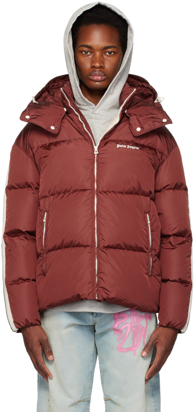 Shop Palm Angels Burgundy Embroidered Down Jacket In Burgundy White