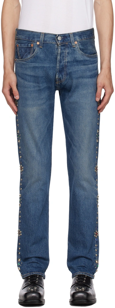 Shop Anna Sui Ssense Exclusive Indigo Studded Wide-leg Jeans In Blue