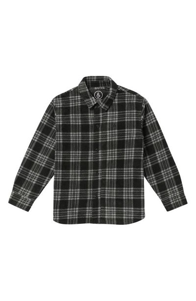 Shop Volcom Kids' Wallace Plaid Fleece Snap-up Shirt Jacket In Black Grey
