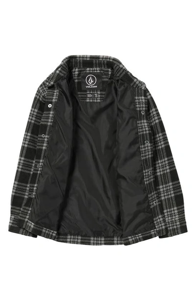 Shop Volcom Kids' Wallace Plaid Fleece Snap-up Shirt Jacket In Black Grey