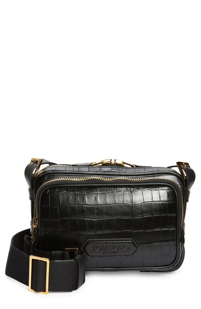 Shop Tom Ford Croc Embossed Leather Crossbody Bag In Black