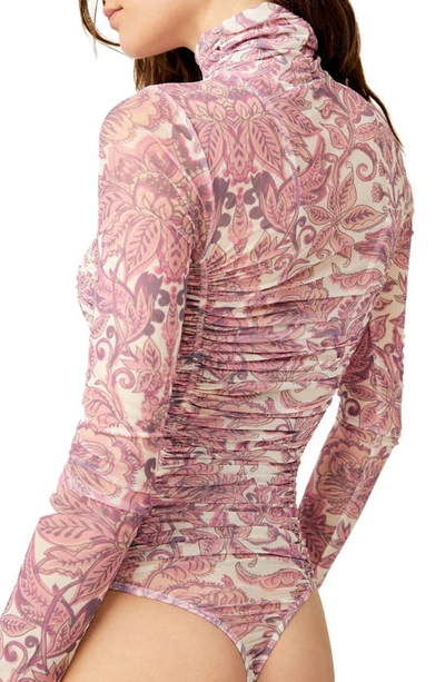 Free People Under It All Ruched Mesh Turtleneck Bodysuit In Peony Combo