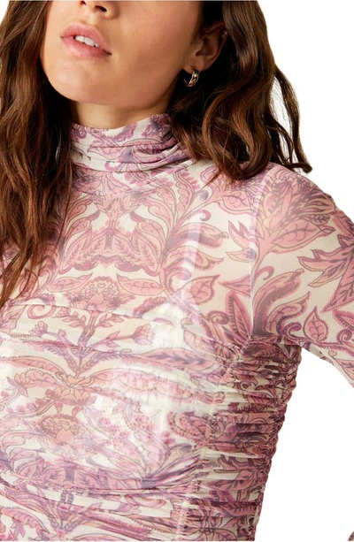Free People Under It All Ruched Mesh Turtleneck Bodysuit In Peony Combo
