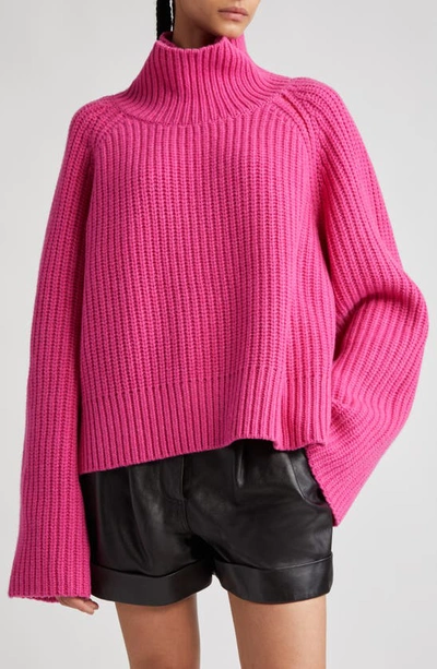 Shop Stand Studio Funnel Neck Crop Wool Rib Sweater In Fuchsia/ Bright Poppy