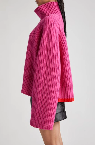 Shop Stand Studio Funnel Neck Crop Wool Rib Sweater In Fuchsia/ Bright Poppy