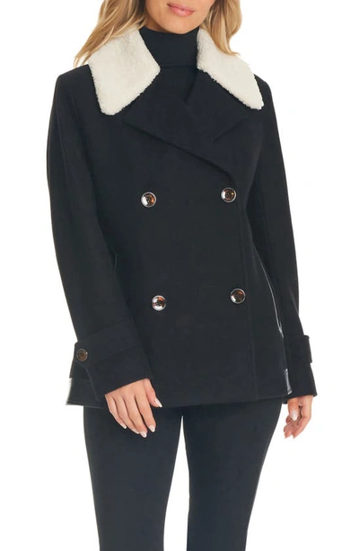 Shop Sanctuary Wool Blend Coat With Removable Faux Shearling Collar In Black