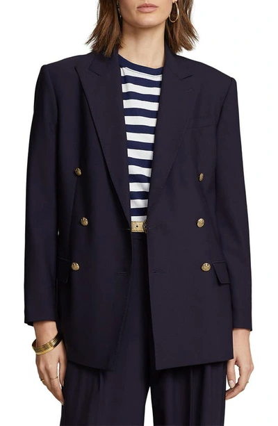 Shop Polo Ralph Lauren Double Breasted Stretch Wool Jacket In Navy