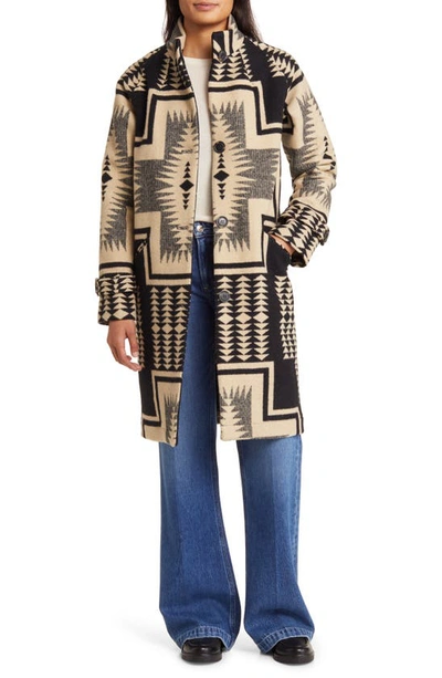 Shop Pendleton Timberline Jacquard Virgin Wool Blend Coat In Black/ Tan Harding