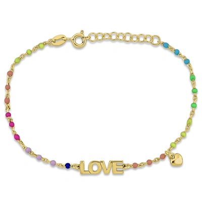 Shop Mimi & Max Multi-color Enamel Love And Heart Charm Bracelet In Yellow Plated Sterling Silver - 6.5+1 In. In Blue