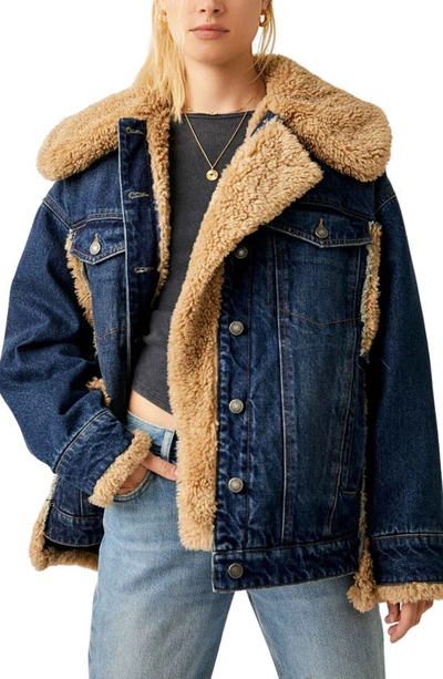Shop Free People Holly Oversize Denim Jacket With Faux Fur Trim In Rinse Combo