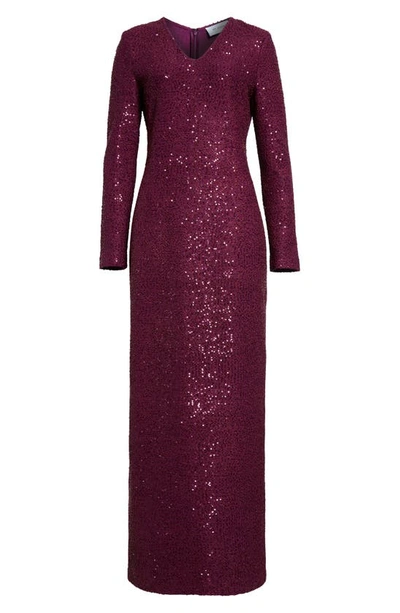 St John V-neck Long Sleeve Sequin Column Gown In Mulberry