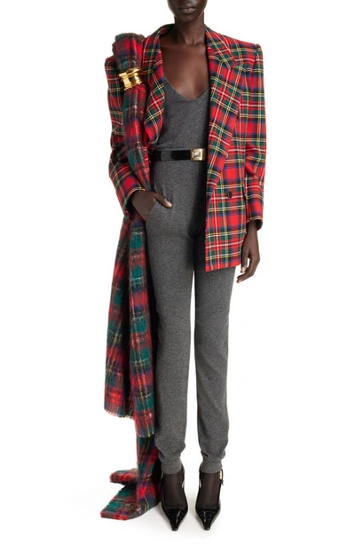 Shop Saint Laurent Tartan Plaid Wide Shoulder Wool Blend Blazer In Rouge Multi