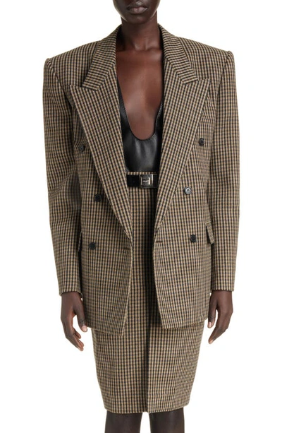 Shop Saint Laurent Exaggerated Shoulder Check Double Breasted Wool Blend Blazer In Beige/ Noir/ Marron