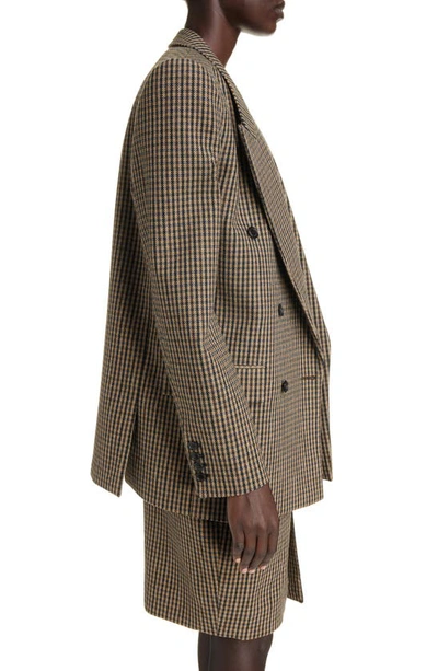 Shop Saint Laurent Exaggerated Shoulder Check Double Breasted Wool Blend Blazer In Beige/ Noir/ Marron