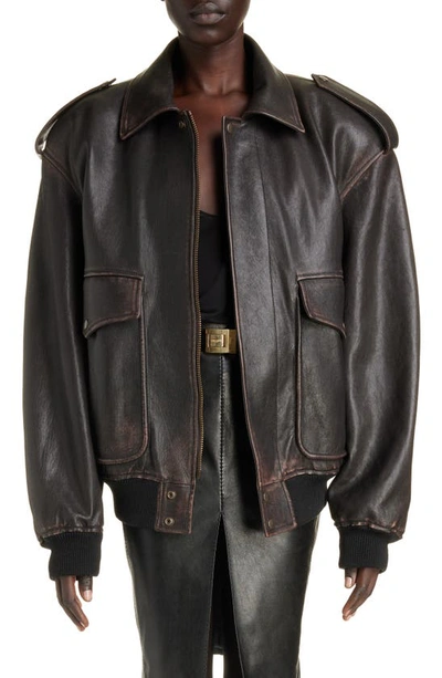 Shop Saint Laurent Oversize Lambskin Leather Bomber Jacket In Reglisse/ Auburn