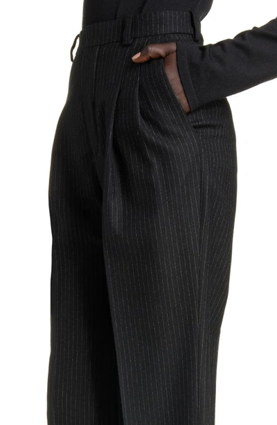 Shop Saint Laurent Pinstripe Pleated Wool & Cotton Wide Leg Trousers In Noir/ Craie