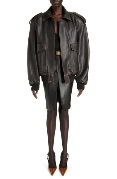 Shop Saint Laurent Oversize Lambskin Leather Bomber Jacket In Reglisse/ Auburn