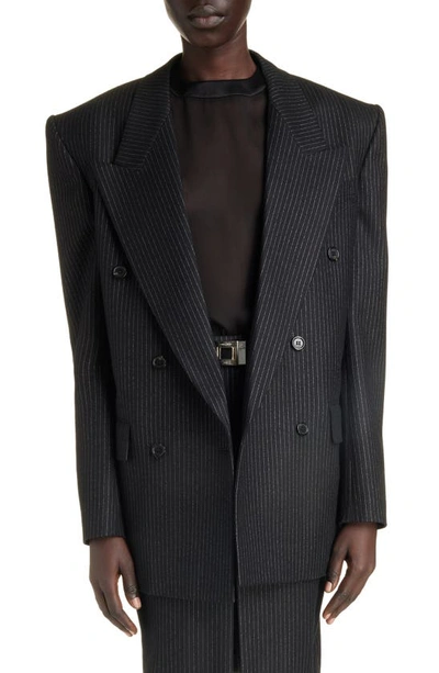 Shop Saint Laurent Exaggerated Shoulder Metallic Stripe Double Breasted Wool Blend Blazer In Noir/ Argent