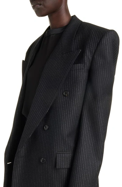 Shop Saint Laurent Exaggerated Shoulder Metallic Stripe Double Breasted Wool Blend Blazer In Noir/ Argent