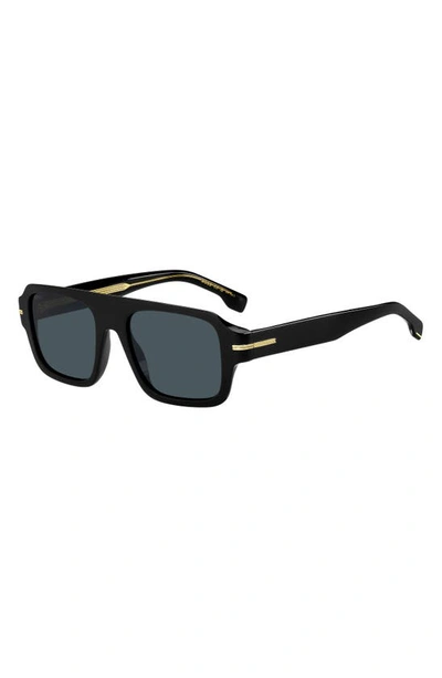 Shop Hugo Boss 53mm Flat Top Sunglasses In Black/ Blue Antireflex