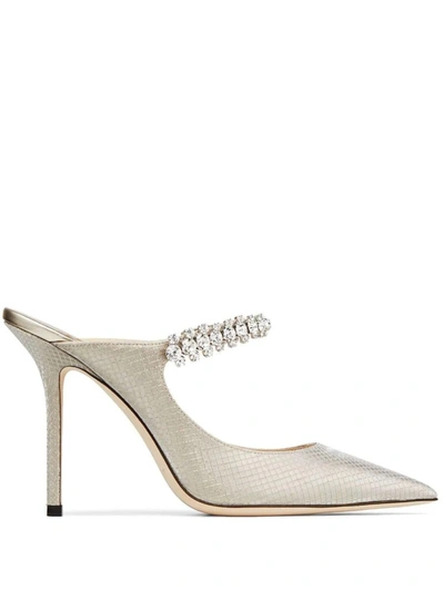 Shop Jimmy Choo Champagne Glitter Fabric 100 Bing Mules With Crystal Strap In White