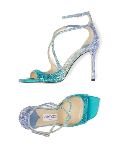 Shop Jimmy Choo Azia 95 Sandal In Peacock With Crystals In Blue