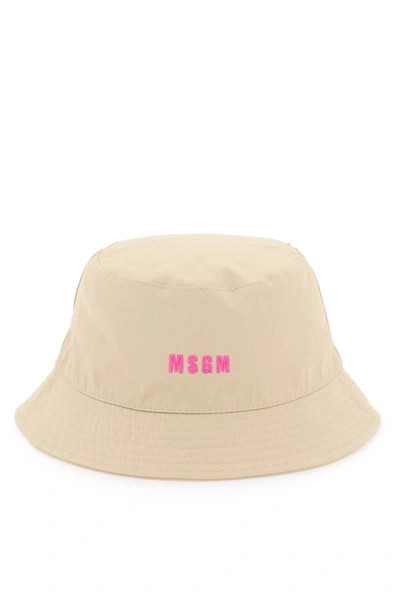 Shop Msgm Cotton Bucket Hat With Embroidery In Beige