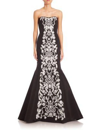 Shop Oscar De La Renta Floral-embellished Strapless Silk Mermaid Gown In Black White