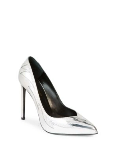 Saint Laurent Classic Paris Skinny 105 Escarpin V Pump In Silver Metallic Faux Leather In Platine