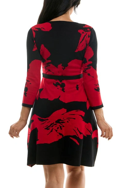 Shop Nina Leonard Jacquard Fit & Flare Sweater Dress In Black/ Red