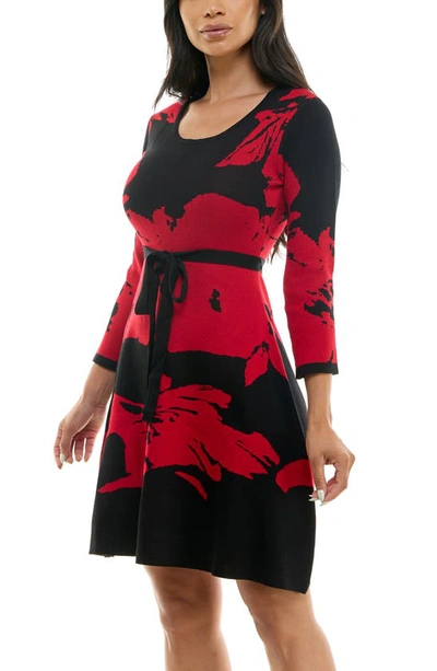 Shop Nina Leonard Jacquard Fit & Flare Sweater Dress In Black/ Red