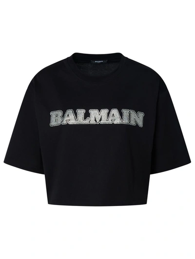 Shop Balmain T-shirt Crop Logo Strass In Black