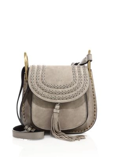 Shop Chloé Hudson Small Studded & Braided Suede Shoulder Bag In Motty Grey