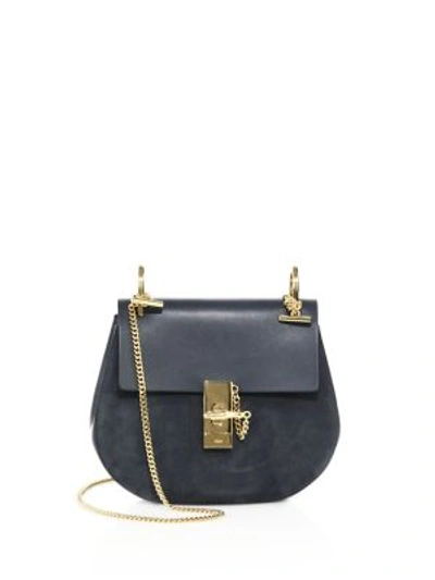 Chloé Drew Small Suede & Leather Saddle Crossbody Bag In Silver Blue