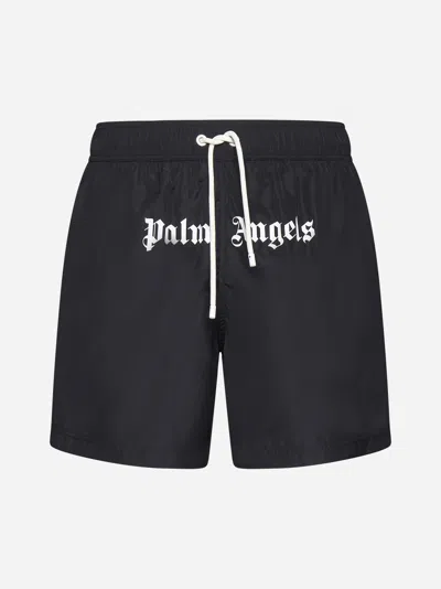 Shop Palm Angels Logo Nylon Swim Shorts In Black,white