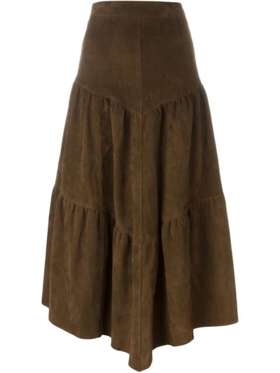 Saint Laurent Long Frill Skirt In Brown