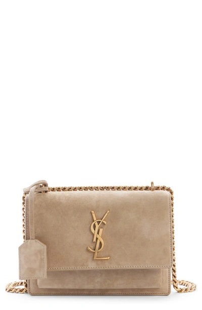 Shop Saint Laurent Small Sunset Suede Shoulder Bag In Matt Gold