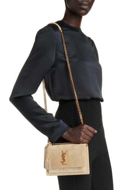 Shop Saint Laurent Small Sunset Suede Shoulder Bag In Matt Gold
