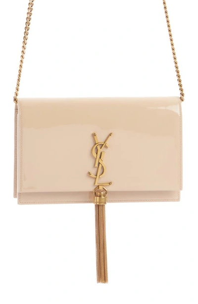 Shop Saint Laurent Cassandre Kate Tassel Leather Wallet On A Chain In Nude Pouder