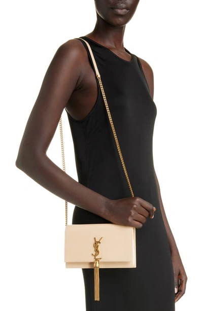 Saint Laurent Kate Small Tassel Ysl Wallet On Chain In Patent Leather In Nude Pouder