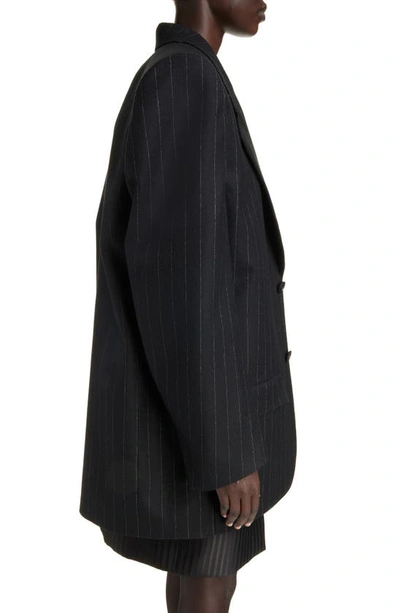 Shop Saint Laurent Pinstripe Wide Shoulder Wool Blend Blazer In Noir