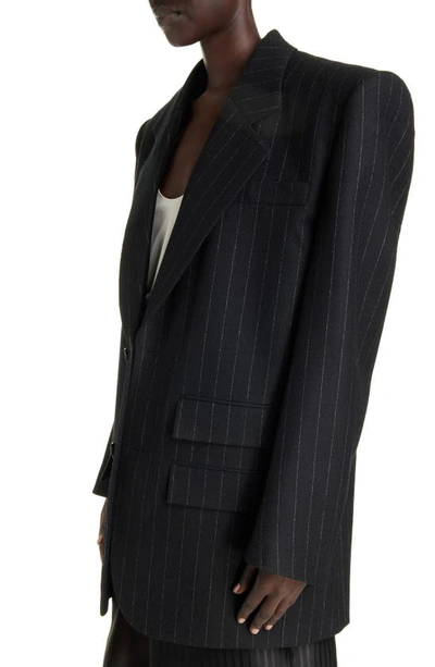 Shop Saint Laurent Pinstripe Wide Shoulder Wool Blend Blazer In Noir