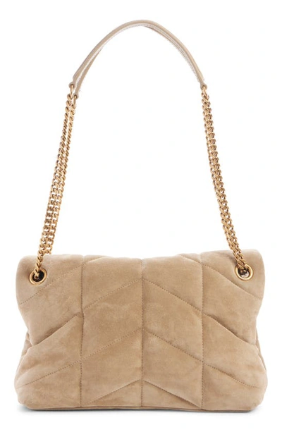 Shop Saint Laurent Medium Puffer Suede Shoulder Bag In Matt Gold