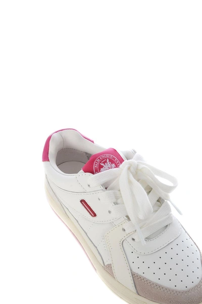 Palm Angels Palm University Mixed Leather Sneakers In White/fuxia