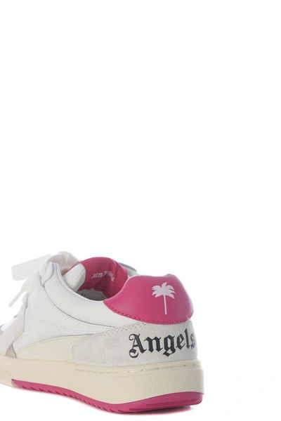Palm Angels Palm University Mixed Leather Sneakers In White/fuxia